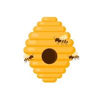 Yellow bee hive on a white background. Bee hive isolate. Bee house with a circular entrance. Insect life in nature. Bees near the hive. Vector illustration.