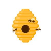 Yellow bee hive on a white background. Bee hive isolate. Bee house with a circular entrance. Insect life in nature. Bees near the hive. Vector illustration.