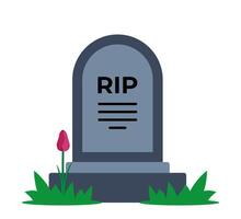 Gravestone with grass on ground. Old tombstone on grave with text RIP. Vector illustration.