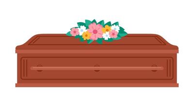 Coffin with flowers on it. Funeral, mourning tradition. Burial ceremony of dead human, closed coffin. Ritual service vector illustration.