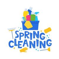 Spring Cleaning Lettering, home cleanup tools and flowers. Spring Cleaning for card, advertising, social media, flyer, poster, banner. Vector illustration.