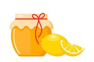 Honey in a transparent glass Jar and lemon. Vector image for selling honey, bee products.