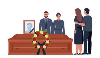 Funeral ceremony. People in grief. Family characters standing near coffin with dead man portrait on background. Vector illustration.