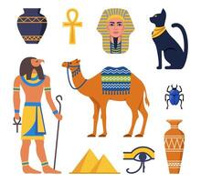 Ancient Egypt collection. Gods, deities and mythological creatures from Egyptian mythology and religion, sacred animals, symbols, architecture and sculpture. Vector illustration.