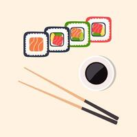 Sushi conjunto tablero con palillos y soja salsa. Sushi ilustración con trucha pez, salmón y caviar. Sushi colocar. vector ilustración.