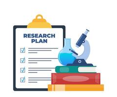 Chemical laboratory research plan on clipboard with checklist. Chemical Laboratory equipment and books. Lab research, testing, studies in chemistry. Vector illustration.