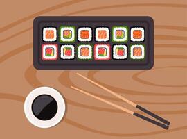 Sushi on wooden board with sushi chopsticks and soy sauce. Sushi illustration with trout fish, salmon and caviar. Sushi set. Vector illustration.