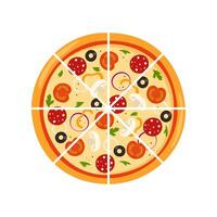 Fresh round pizza cut into triangular pieces. Pizza with tomato, cheese, olive, sausage, onion, basil. Traditional Italian fast food. Top view meal. Vector illustration.