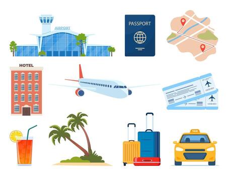 aventuras turismo, viaje en el extranjero, verano vacaciones viaje decorativo diseño elementos. conjunto de viaje iconos transporte, hotel, equipaje, aeropuerto. cóctel, palmera. vector ilustración.