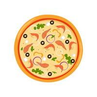 Fresh round pizza with fish, shrimp, cheese, olive, onion, basil. Traditional Italian fast food. Top view meal. Vector illustration.