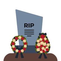 Gravestone with grass on ground. Old tombstone on grave with text RIP. Funeral wreath with white and red roses and a mourning ribbon. Vector illustration.