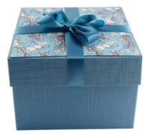 AI generated Blue textured gift box with satin ribbon on transparent background - stock png. png