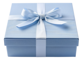 AI generated Pale blue gift box with satin ribbon bow on transparent background - stock png. png