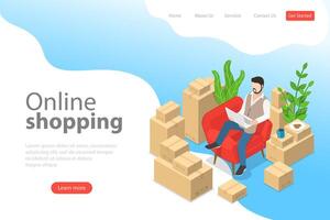 Flat isometric vector landing page template of easy shopping, ecommerce.