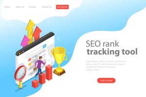 Flat isometric vector landing page template of seo rank tracking tool.