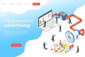 Flat isometric vector landing page template of programmatic advertising.