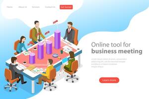 Isometric flat vector landing page template of business meeting app.