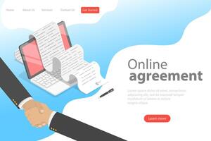 Isometric flat vector landing page template of agreement, handshake.