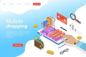 Flat isometric vector landing page template of mobile shopping, ecommerce.