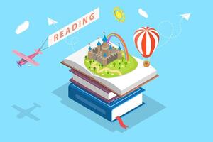 Isometric flat vector concept of child reading, imagination.