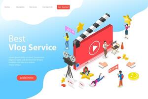 Flat isometric vector landing page template of video blog, vlog, online channel.