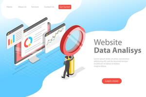 Flat isometric vector landing page template of website data analysis.