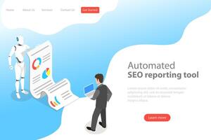 Flat isometric vector landing page template of automated SEO report.