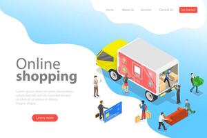 Flat isometric vector landing page template of easy shopping, ecommerce.