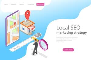 Isometric flat vector landing page for local seo, serching store.