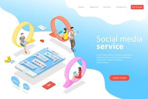 Flat isometric vector landing page template of social media, instant messenger.