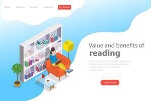 Isometric flat vector landing page template of reading, favorite book.