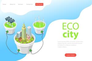 Flat isometric vector landing page template of eco city, solar panels.