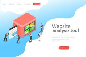 Flat isometric vector landing page template of website data analysis.