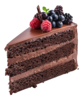 AI generated Chocolate cake slice topped with fresh berries and chocolate piece on transparent background - stock png. png