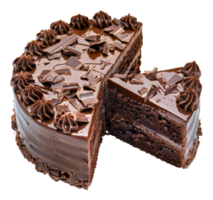 AI generated Whole chocolate cake with decorative frosting and chocolate pieces on transparent background - stock png. png