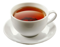 AI generated Tea in a white cup and saucer on transparent background - stock png. png
