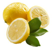 AI generated Fresh lemon slices with green leaves on transparent background - stock png. png