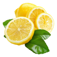 AI generated Fresh lemon slices with green leaves on transparent background - stock png. png