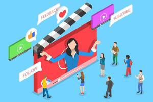 Flat isometric vector concept of video blog, vlog, online channel.