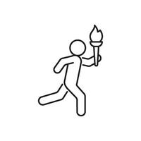 Olympic torch with fire in hands of runner, line icon. Burning Olympic torch symbol of sport games. Competition of athletes in sport for winning champion. Flame of victory. Vector outline illustration