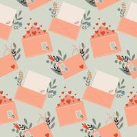 Seamless pattern with envelope with flowers and hearts. Love message, confession of feelings, background vector