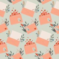 Seamless pattern with envelope with flowers and hearts. Love message, confession of feelings, background vector