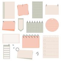 Set of different paper pieces from notepad with sticky tape, pins, clips vector