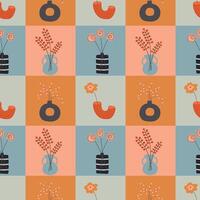 Seamless patchwork background with hand-drawn vases and flowers. Square pattern with different flowers vector