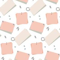 Seamless pattern with different paper pieces from notepad. Background with sticky tape, pins, clips vector