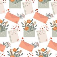 Seamless pattern with envelope with flowers and hearts. Love message, confession of feelings, background vector
