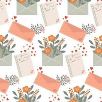 Seamless pattern with envelope with flowers and hearts. Love message, confession of feelings, background vector