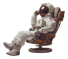 ai généré astronaute se prélasser dans en bois réalisateur chaise sur transparent Contexte - Stock png. png