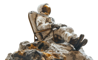 AI generated Space explorer in a spacesuit seated on a rocky surface on transparent background - stock png. png