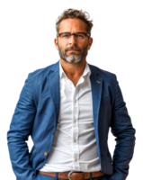 ai generado elegante de edad mediana hombre en azul chaqueta de sport y lentes en transparente antecedentes - valores png. png